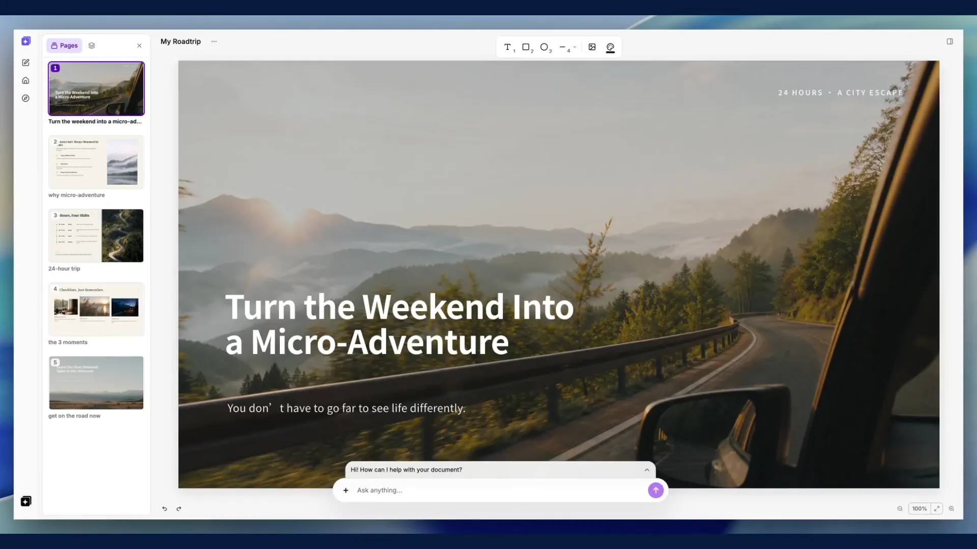 A short loop showing StarryKit's Agent improving text contrast in an editable road-trip presentation.