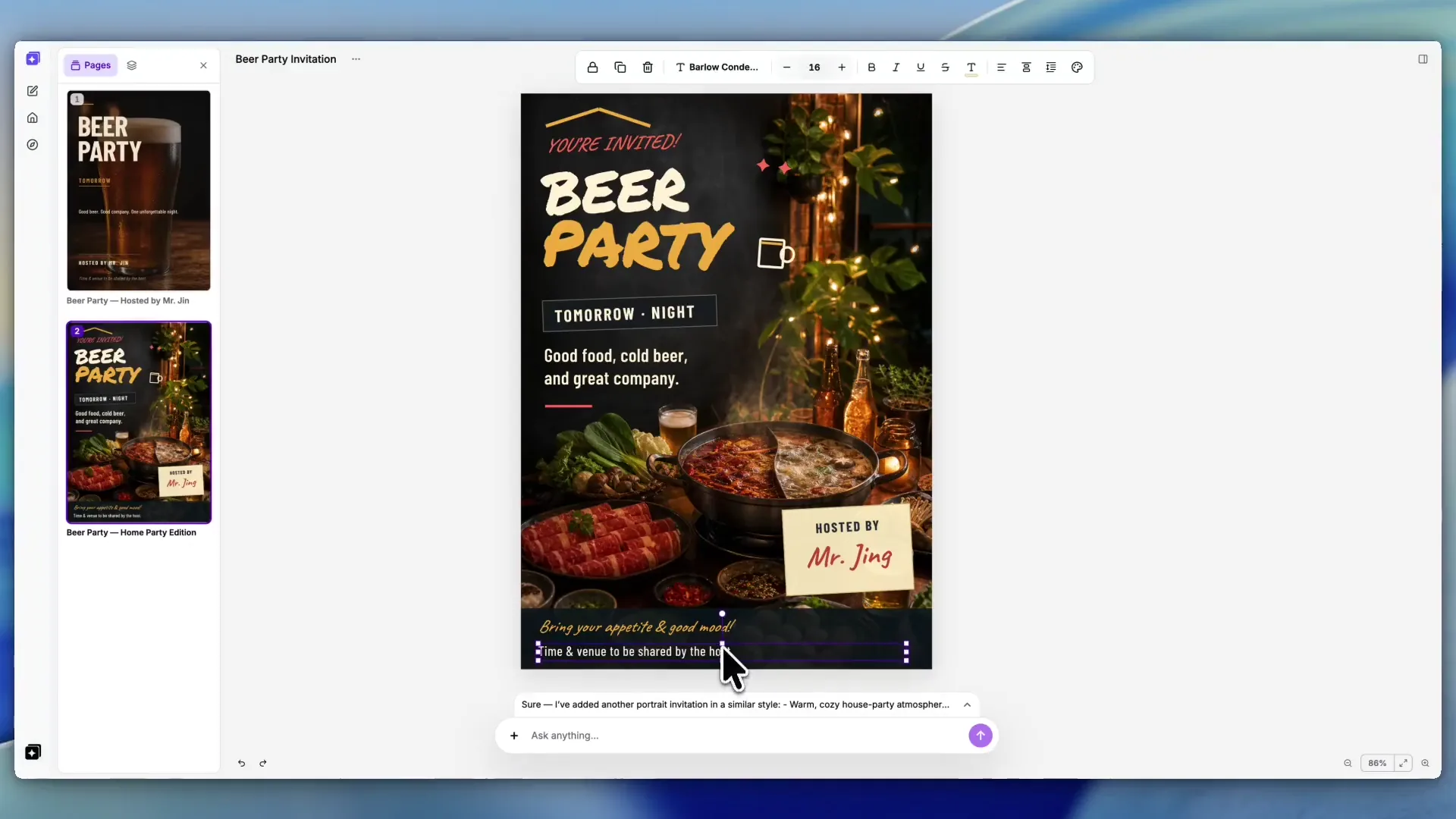 A short loop showing StarryKit editing an AI-generated beer party invitation on the canvas.